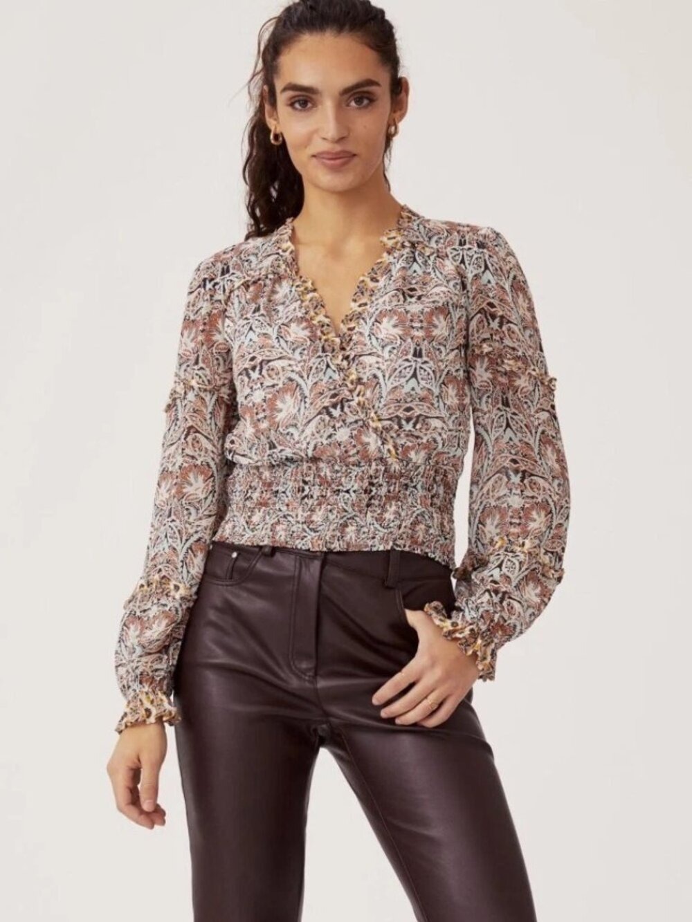 Anthropologie Ruffle Plunge Neck Printed Blouse XS